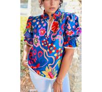 Abstract Print Frilled Collar Ruffled Puff Short Sleeve Top- Everyday The Label Multi L