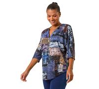 Abstract Print Front Zip Stretch Top Roman Blue 18