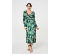 Izabel London Abstract Print Ruched V-Neck Midi Dress for Women UK with Long Sleeves and a Tummy Flattering top. Green