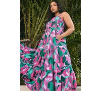 Abstract Print Shirred Maxi Dress Yours Pink 22-24
