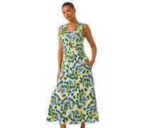 Roman Originals Abstract Print Sleeveless Midi Dress for Women UK - Ladies Everyday Holiday Spring Summer V-Neckline Comfy Soft Evening Vacation Work Party - Blue - Size 10