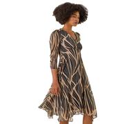 Roman Originals Abstract Print Wrap Midi Dress for Women UK - Ladies Everyday Holiday Autumn Winter Pull-On V-Neck 3/4 Sleeves Comfy Soft Vacation Work - Black - Size 10