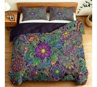 Abstract Printed Duvet Cover Set King (220 x 230) cm, Geometric Botanical Floral Neon Brushed Microfiber Quilted Bedding Set, Soft Duvet Cover with Pillowcases, Purple