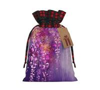 Abstract Purple Weeping Flower Christmas Gift Bags with Tags & Ribbon Ties, Buffalo Plaid Santa Sack Xmas Treat Pouch Party Favor Bags Drawstring Christmas Sacks for Holiday Presents Storage Small