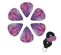 Abstract Purple Weeping Flower Guitar Picks 6 Pack, 0.71mm Thickness Celluloid Bass Pick with Leather Guitar Pick Holder Keychain Abstract Art Pics Plectrum for Acoustic Electric Guitar, Ukulele, Bass