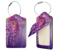 Abstract Purple Weeping Flower Luggage Tag PU Leather Suitcase Tags Identifiers Travel Tags with Privacy Protection and Stainless Steel Loop Luggage Bag Tag for Women Men, Black, 2 Pcs