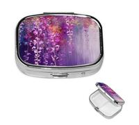 Abstract Purple Weeping Flower Pill Box with Mirror 2 Compartment Decorative Pill Case for Purse or Pocket Small Square Pill Organizer Weekly Metal Medicine Tablet Vitamin Holder Travel Gift