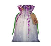 Abstract Purple Weeping Flower Printed Christmas Drawstring Bags Reusable Bag for Party Xmas Gift Wrapping, Green Ribbon, S