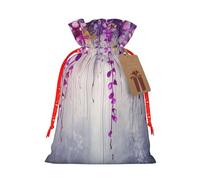 Abstract Purple Weeping Flower Printed Christmas Drawstring Bags Reusable Bag for Party Xmas Gift Wrapping, Red Ribbon, S