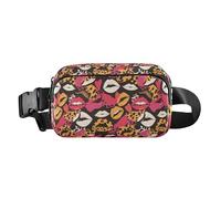 Abstract Rainbow Stripes Mini Waist Pack Crossbody Bag with Adjustable Strap for Travel Shopping Running, Lips Kiss Heart Pattern Love, One Size