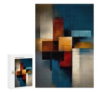 Abstract Rectangular Structure - Teal, Ochre & Red Geometry, 300 PCS Decorative Wooden Puzzle, New Year Party Activity, for Relaxing Solo Or Group Play