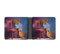 Abstract Red Chair Guitar and Sunflowers Classic Bifold Wallet for Men PortableID Window Large Capacity Slim Leather Wallets