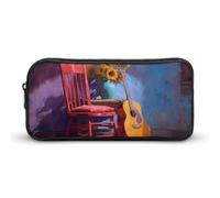 Abstract Red Chair Guitar and Sunflowers Cute Pencil Case Large Capacity Makeup Pouch Portable Pencil Bag with Zippered