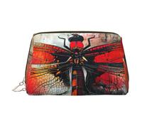 Abstract Red Dragonfly Print Leather Makeup ba Leather Makeup Bag - Stylish Travel & Toiletry Companion