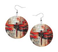 Abstract Red Dragonfly Printed Round Earrings For Women, 1 Pair Lightweight Leather Pierced Earrings Set Trendy Jewelry Gifts For Women Girls