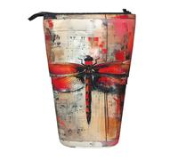 Abstract Red Dragonfly Vertical Retractable Pencil Case Makeup Bag Wallet Storage Bag for Pens Pencils and Small Items