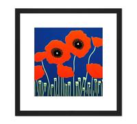 Abstract Red Poppy Flowers On An Azure Blue Background Minimalist Painting Square Wooden Framed Wall Art Print Picture 8X8 Inch Artery8 Black One Size