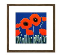 Abstract Red Poppy Flowers On An Azure Blue Background Minimalist Painting Square Wooden Framed Wall Art Print Picture 8X8 Inch Artery8 Brown One Size