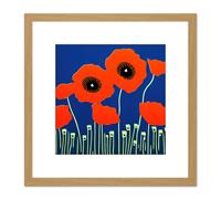 Abstract Red Poppy Flowers On An Azure Blue Background Minimalist Painting Square Wooden Framed Wall Art Print Picture 8X8 Inch Artery8 Light Oak One Size
