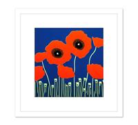 Abstract Red Poppy Flowers On An Azure Blue Background Minimalist Painting Square Wooden Framed Wall Art Print Picture 8X8 Inch Artery8 White One Size