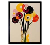 Wall Art Print Abstract Retro Spring Summer Flowers Floral Yellow Burgundy Orange Bouquet Vase Art Framed Artery8 Black W12 inch x H16 inch
