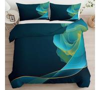 Abstract Roses Marble Flowers Small Single Duvet Cover Set - Teal Blue Reversible Brushed Microfiber 2 PCS Bedding Set, Ultrasoft Hypoallergenic Quilt Cover with Zipper Closure