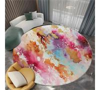 Abstract Round Rugs Living Room 100cm, Machine Washable Non-Slip Low Pile Colorful Carpet, Non-Shedding, Watercolor Elegant Exquisite Texture Printed Design for Dining Room Bedroom