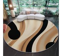 Abstract Round Tan Rug, 120cm Non Slip Washable Curves Pattern Circle Rugs, Bedside Office Outdoor Bedroom Kitchen Indoor Carpet Low Pile Circular Carpets