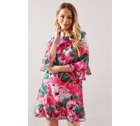Abstract Ruffle Sleeve Chiffon Shift Dress Wallis Pink 16