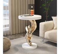 Abstract Sculpture Side Table, Modern Round Resin End Table with Wood Top for Living Room, Balcony, Entryway