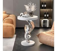 Abstract Sculpture Side Table, Modern Round Resin End Table with Wood Top for Living Room, Balcony, Entryway