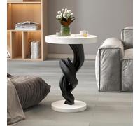 Abstract Sculpture Side Table, Modern Round Resin End Table with Wood Top for Living Room, Balcony, Entryway