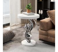 Abstract Sculpture Side Table, Modern Round Resin End Table with Wood Top for Living Room, Balcony, Entryway