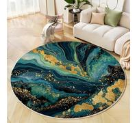 Abstract Sea Surface Round Rugs 160cm Living Room Non Slip Round Area Rug Short Pile Gold Leaf Marble Bedroom Circle Carpet Washable Floor Mat Rugs for Kids Room Bathroom Dining Room Decor, Turquoise