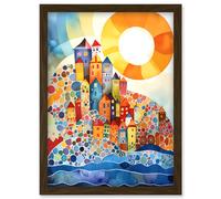 Abstract Seascape Sunrise Village Folk Art Artwork Framed Wall Art Print A4 Artery8 Brown One Size