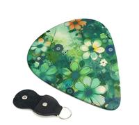 Abstract Seasonal Green Floral Guitar Picks 6 Pcs, 0.96mm Thickness Celluloid Plectrum with Leather Picks Holder, Personalized Guitar Pick for Bass Electric Acoustic Guitars Lovers Gift