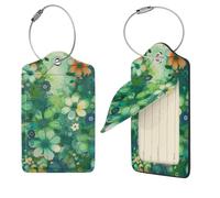 Abstract Seasonal Green Floral Luggage Tag for Suitcase PU Leather Suitcase Tag with Stainless Steel Loop and Address Card Baggage Tags Cute Bag Name Travel Tags ID Labels for Women Men 4 PCS