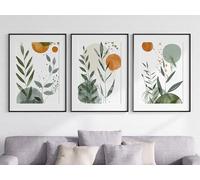 Abstract Set of 3 Unframed Botanical Poster Prints, Modern Wall Art, Lounge Kitchen Bathroom Bedroom Decor, Sage Green Orange (A4)