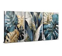 Abstract Set of 3 Wall Art Gold Wall Decor Botanical Prints Boho Wall Art Teal Green Leaf Pictures Turquoise Tropical Leaves Plants Paintings Modern Living Room Bathroom Home Decorations 30x40cm