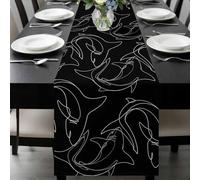 Abstract Sharks Table Runner 13x60 Inches Long Black Background Line Fish Ocean Life Simple Style Cotton Linen Table Runner Burlap Style for Dinner Table Party Decor Tabletop Decorations