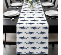 Abstract Sharks Table Runner 13x60 Inches Long Navy Blue Fish Simple Style Ocean Life Cotton Linen Table Runner Burlap Style for Dinner Table Party Decor Tabletop Decorations