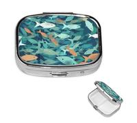 Abstract Shoal of Fish Pill Box 2 Compartment Square Portable Pill Case for Pocket or Purse Pill Holder Weekly Pill Organizer Decorative Metal Medicine Vitamin Organizer Travel Gift