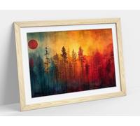 Abstract Skinny Trees at sunset Stunning Framed Wall Art Print Picture - A2 - Light Oak Frame