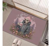 Abstract Skull Man Washable Door Mats Indoor, Flowers Mat Absorbent Non-Slip Low Profile Doormat For Entrance, Inside, Kitchen, Front Back Door, Pets Dogs- 45 X 75 Cm, Pink