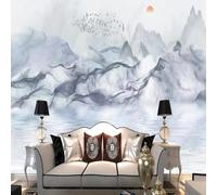 Abstract Smoke Ink Wash Mountain Peaks Flying Birds Sunrise 3D Wallpaper Premium Textured Silk Study Dining Living Room Bedroom Sofa TV Wall Easy Install-300cm×210cm