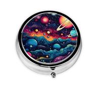 Abstract Space Planet Pattern Round Pill Box with 3 Compartments, Mini Metal Pill Organizer for Purse or Pocket, Lightweight Portable for Daily Use Gifts Travel