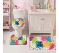Abstract Splash Bathroom Rugs Sets 3 Piece, Contemporary Artistic Brush Strokes Color Dots Summer Multi-Colored Dorm Room Essentials Contour Bath Rugs for Toilet for Vanity Sink Floor Decor