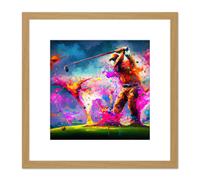 Abstract Splatter Art Golf Course Golfer Golfing Oil Painting Taking a Swing on Green Multicoloured Square Wooden Framed Wall Art Print Picture 8X8 In Artery8 Light Oak One Size