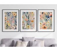 Abstract Spring Wall Art Set of 3 Unframed Poster Prints, Modern Meadow Spring Flowers, Living Room Bedroom Bathroom Poster Home Decor, Blue Pink Yellow Orange (A3)