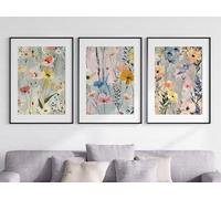 Abstract Spring Wall Art Set of 3 Unframed Poster Prints, Modern Meadow Spring Flowers, Living Room Bedroom Bathroom Poster Home Decor, Blue Green Orange Pink Purple (A3)
